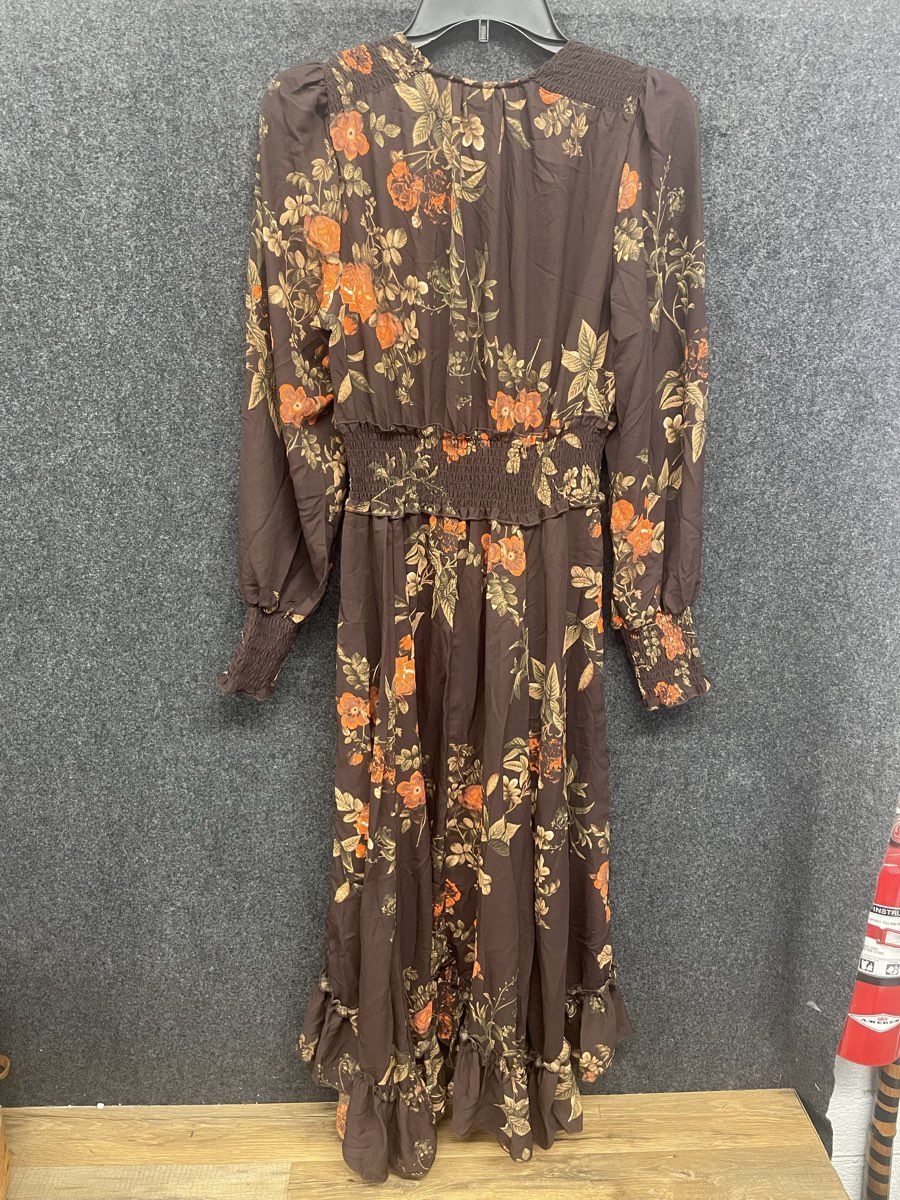 H&M Women's Dark Brown Orange Floral Smocked Maxi Dress Long Sleeve NWT Sz 4