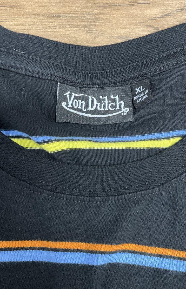 Von Dutch Striped Graphic Patch Logo T-Shirt Black Blue Orange Sz XL