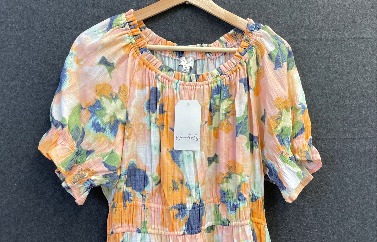 Wonderly Women's Navy Blur Floral Midi Dress Puff Sleeve Tiered NWT Sz M
