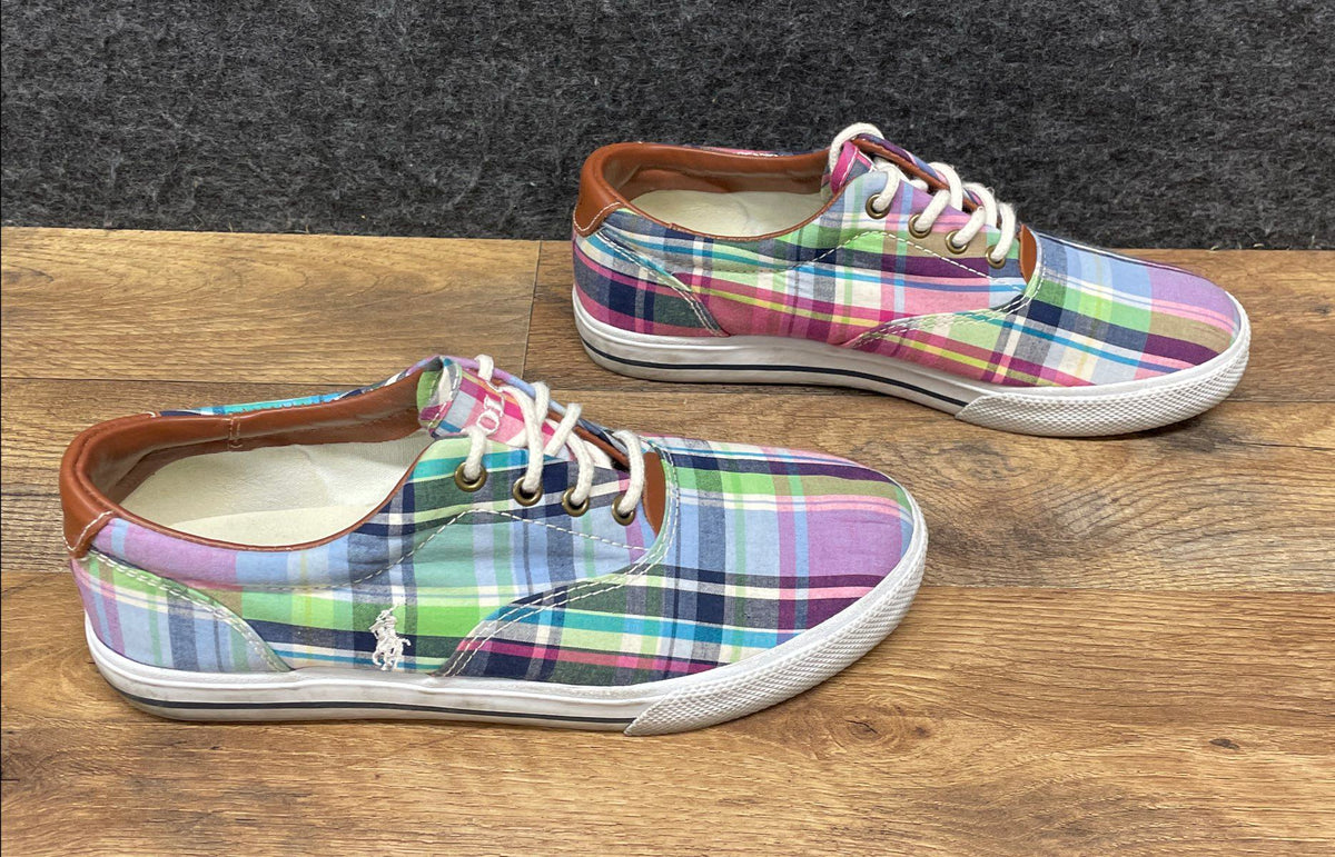 Polo Ralph Lauren Vaughn Pink Multi Plaid Canvas Sneakers Size 5.5 Junior
