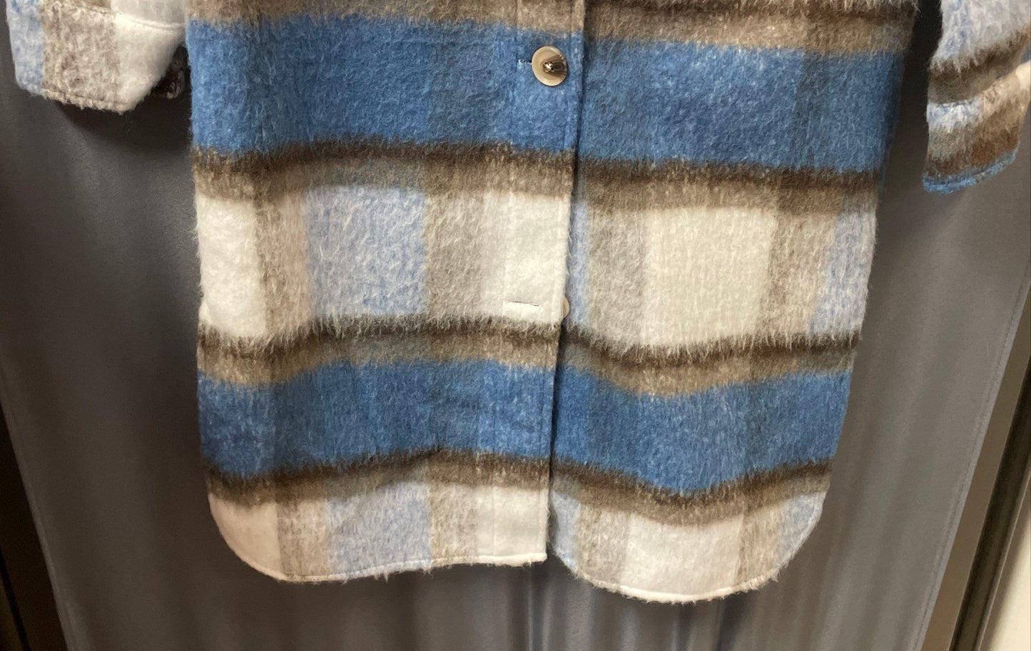 SO Women's Blue Cream Longline Plaid Shacket Fuzzy Button Up Coat NWT Sz XS