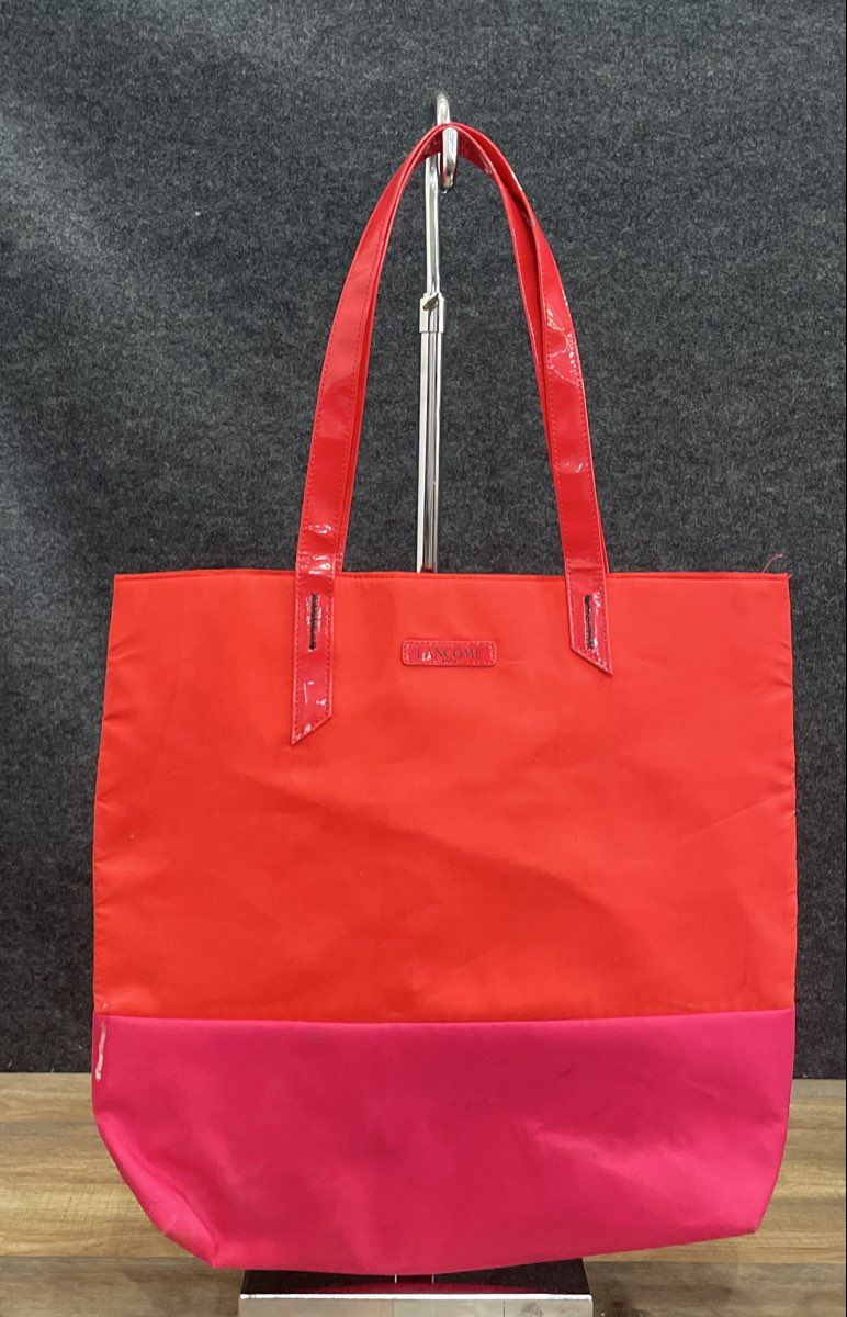 Lancome Paris Red Pink Colorblock Tote Bag Large Flamingo Print Lining