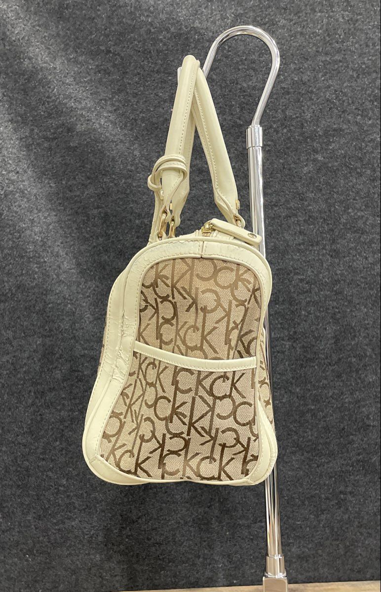 Calvin Klein Brown Monogram White Leather Satchel Handbag Gold Hardware
