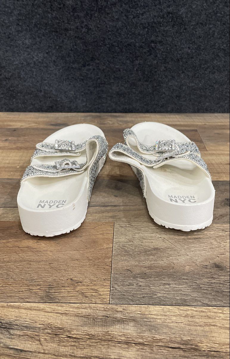 Madden NYC White Rhinestone Double Strap Footbed Slide Sandals Women's Size 8