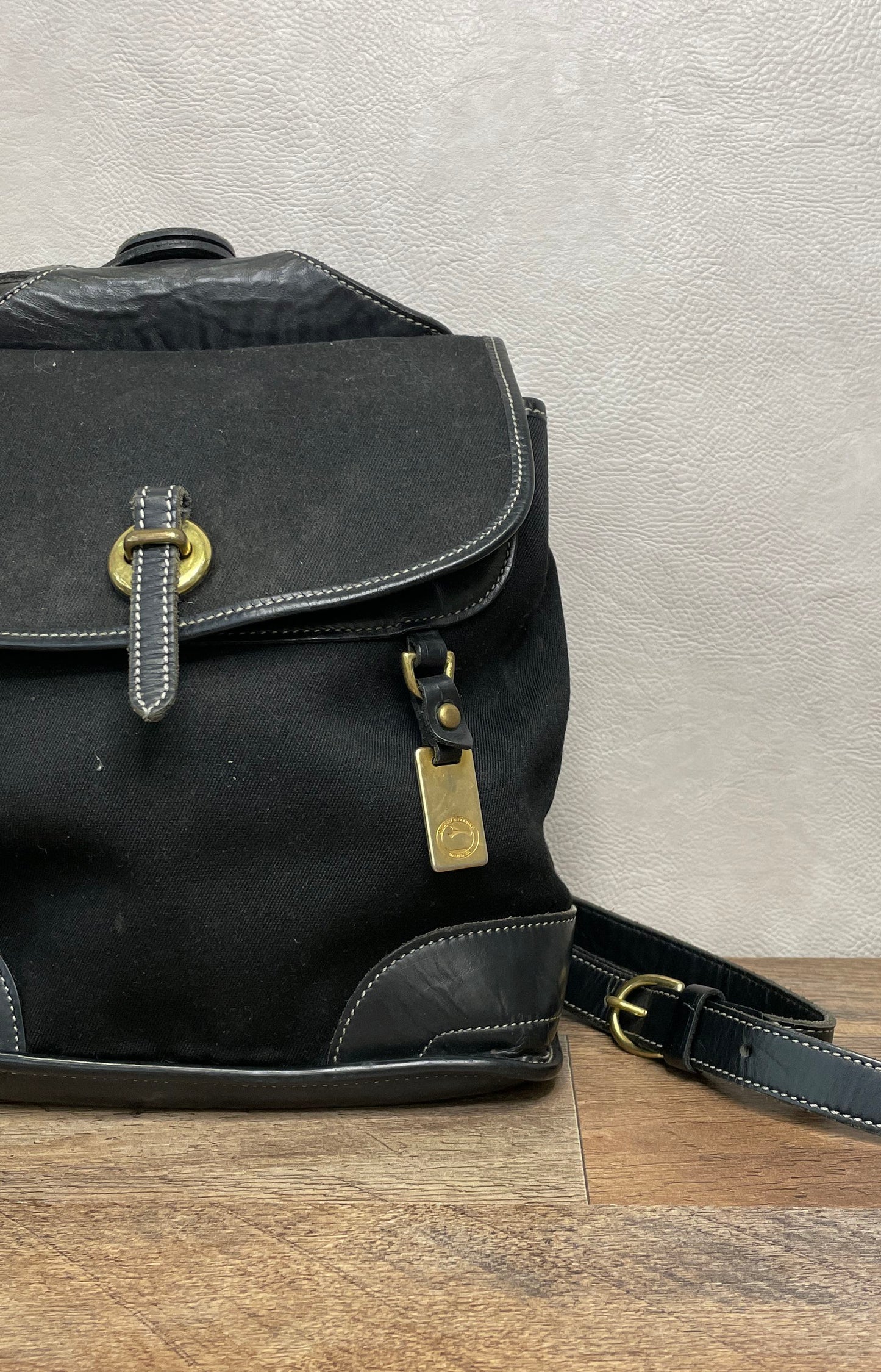 Vintage 90s Dooney & Bourke Black Canvas Leather Backpack Bag Brass Made in USA