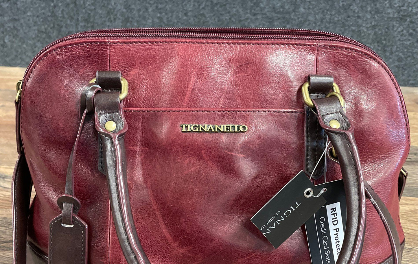 Tignanello Burgundy Brown Two Tone Leather Satchel Bag NWT RFID Crossbody