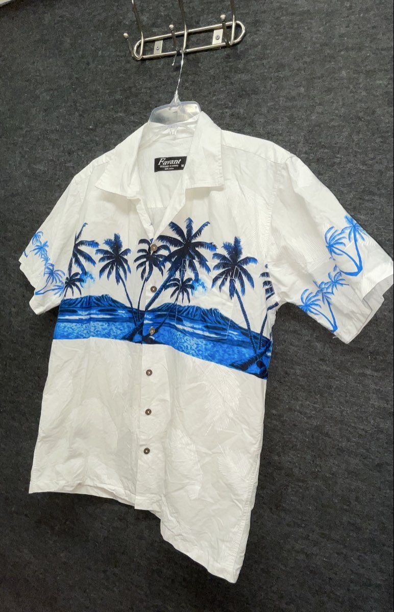 Favant Men's White Blue Tropical Palm Tree Island Cotton Aloha Shirt Sz M