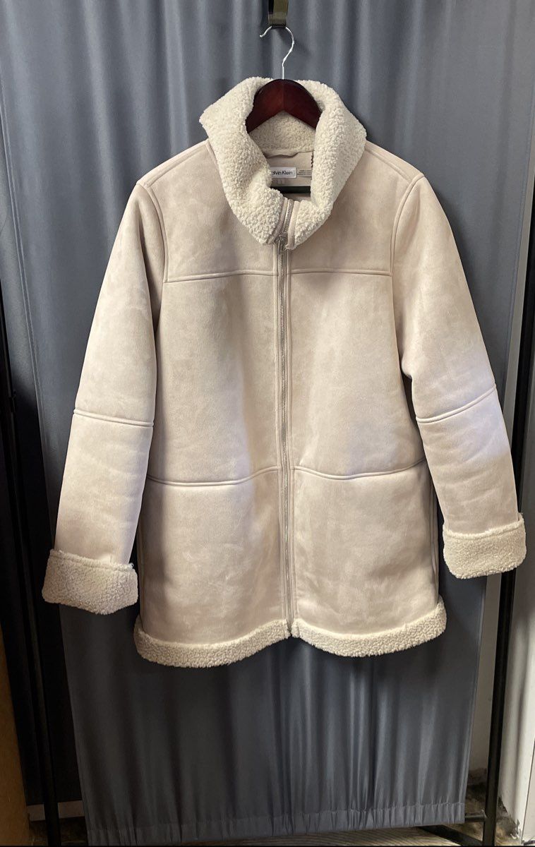 Calvin Klein Women's Faux Shearling Coat Cream Beige Suede Mid Length Sz L