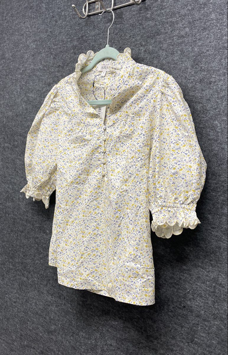 Avara Women's Hailey Top Yellow Floral Scalloped Ruffle Puff Sleeve Sz L NWT