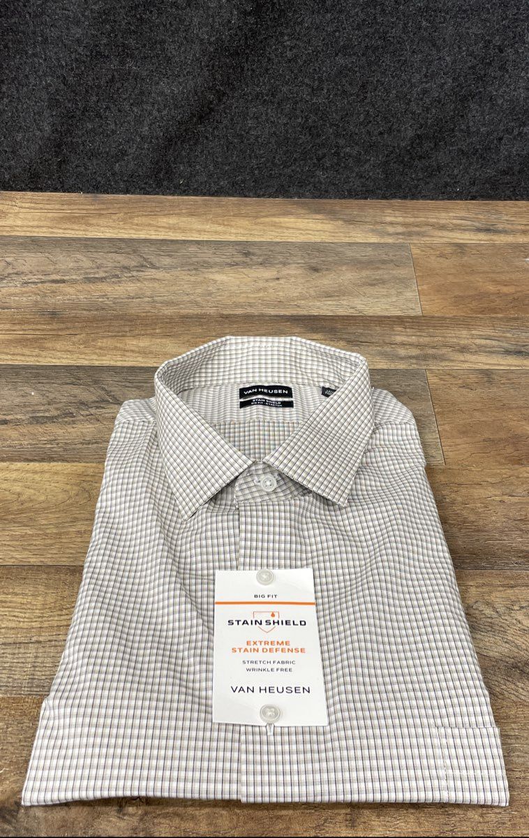 Van Heusen Men's Dress Shirt Tan Black White Check Stain Shield Big Fit NWT 19