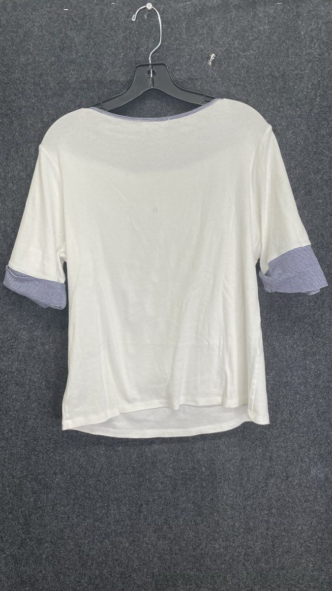 Lauren Ralph Lauren Women's White Boat Neck Short Sleeve Striped Trim Top XL