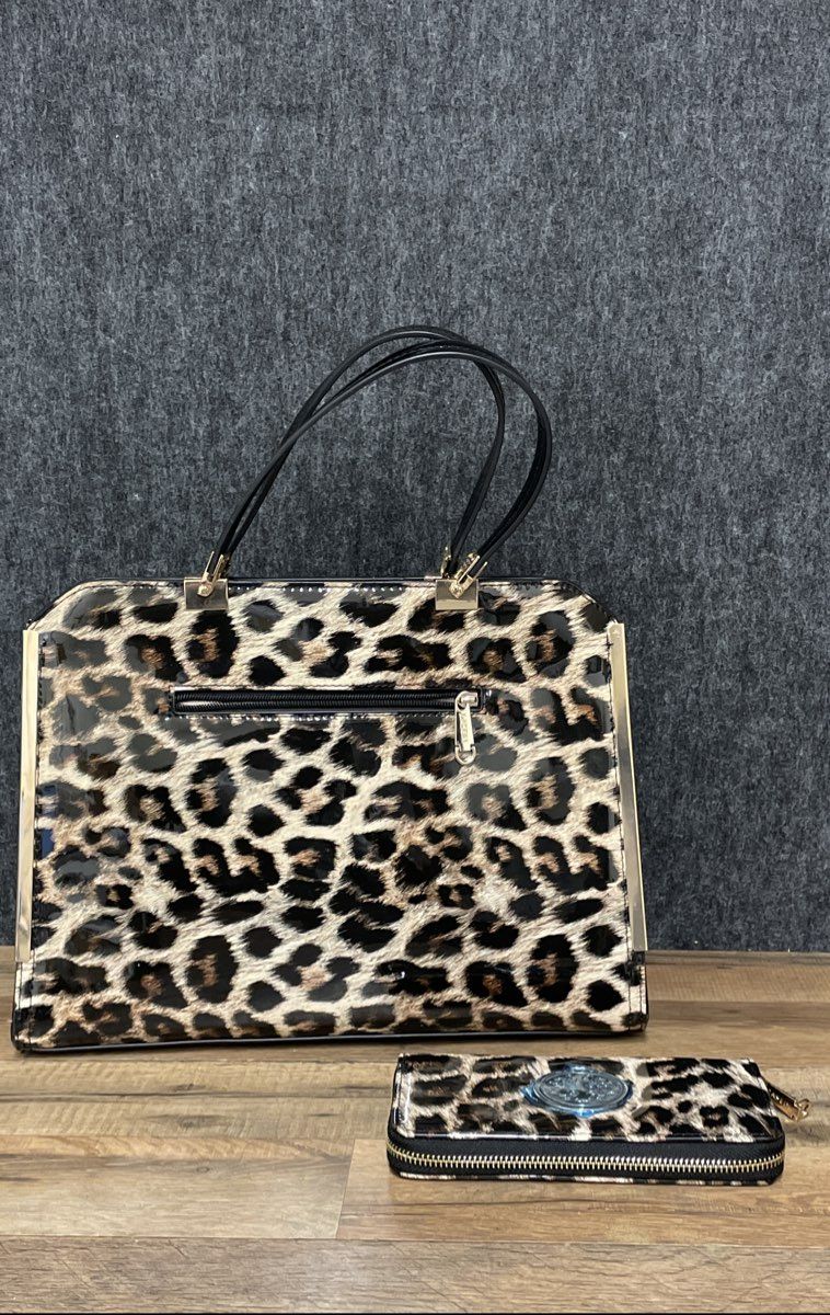 Dasein Leopard Print Satchel Handbag and Matching Zip-Around Wallet Lot 2 Pcs