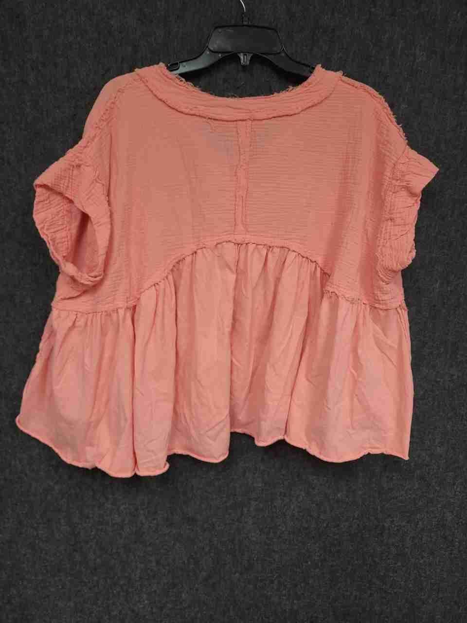 Altar'd State Women's Coral Cotton Raw Edge Ruffle Babydoll Blouse Top Sz S