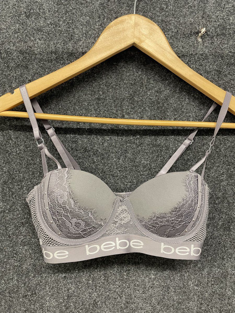 Bebe Women's Gray Lace Rhinestone Logo Band Push Up Underwire Bra Size 34B