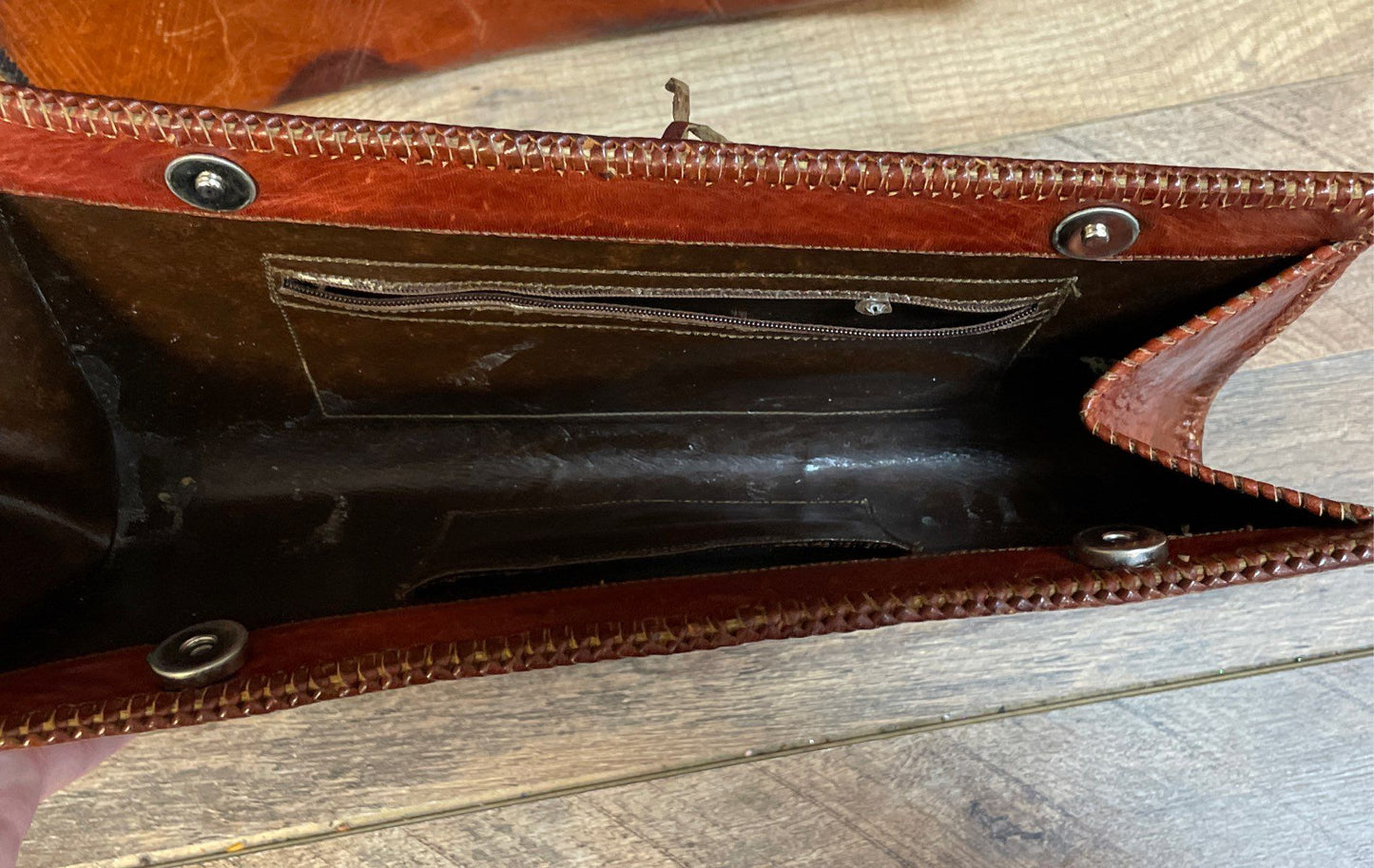 Vintage 1970s Brown Tooled Leather Handbag and Matching Wallet Set