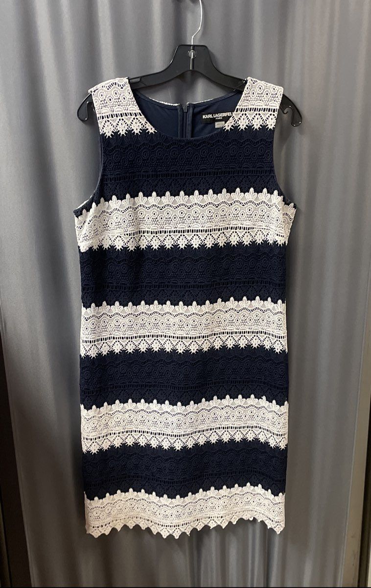 Karl Lagerfeld Paris Women's Navy Blue White Striped Lace Crochet Dress Sz 10