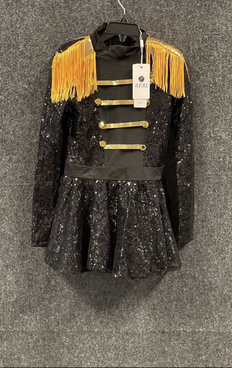 iEFiel Girls Black Sequin Circus Drum Major Dance Costume Dress Sz 10 NWT
