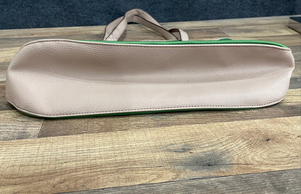 Dana Buchman Green Nylon Tote Bag Tan Faux Leather Trim Shoulder Purse Large