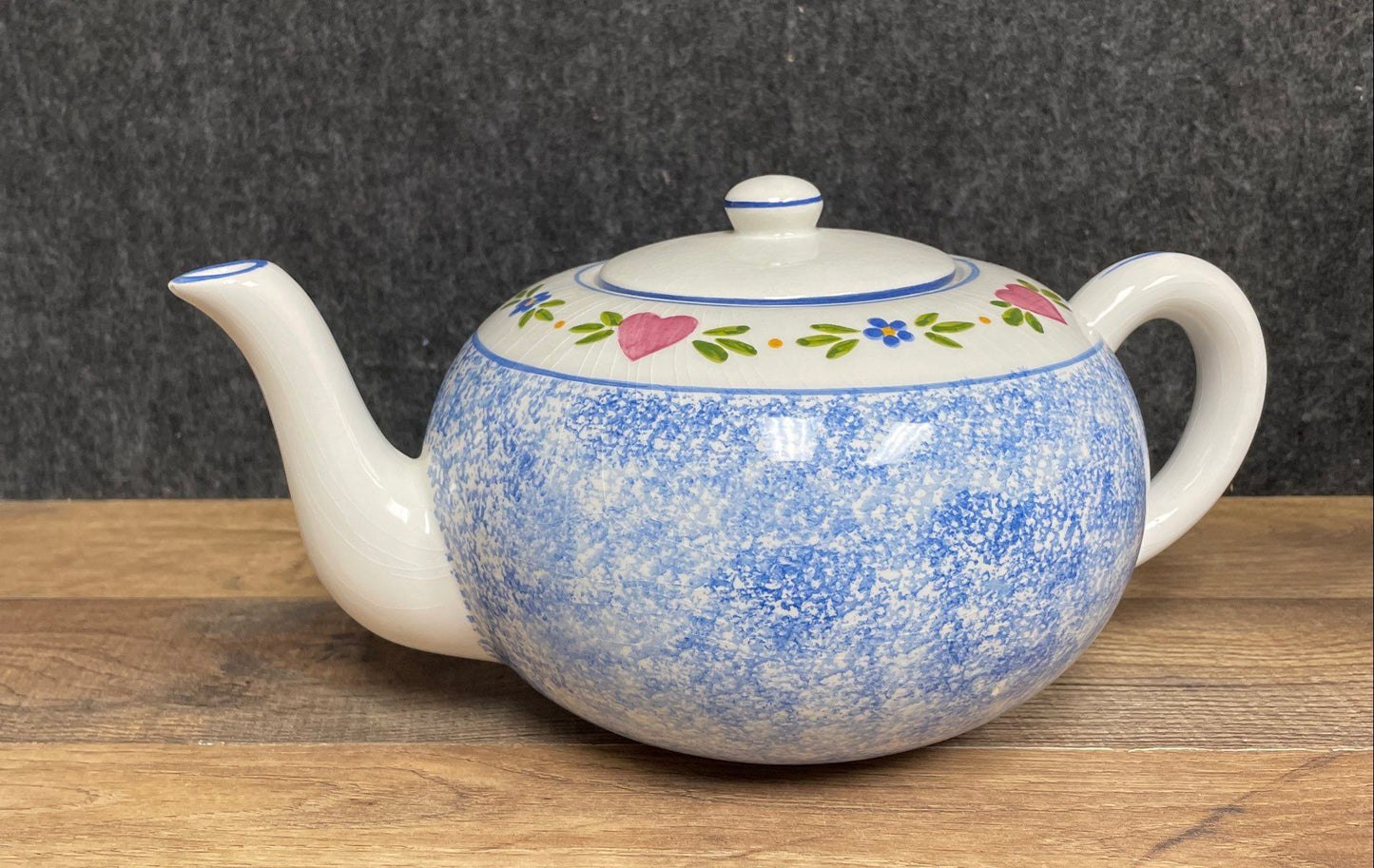 R.B. Bernarda Blue Spongeware Heart Floral Teapot Portugal Vintage Earthenware
