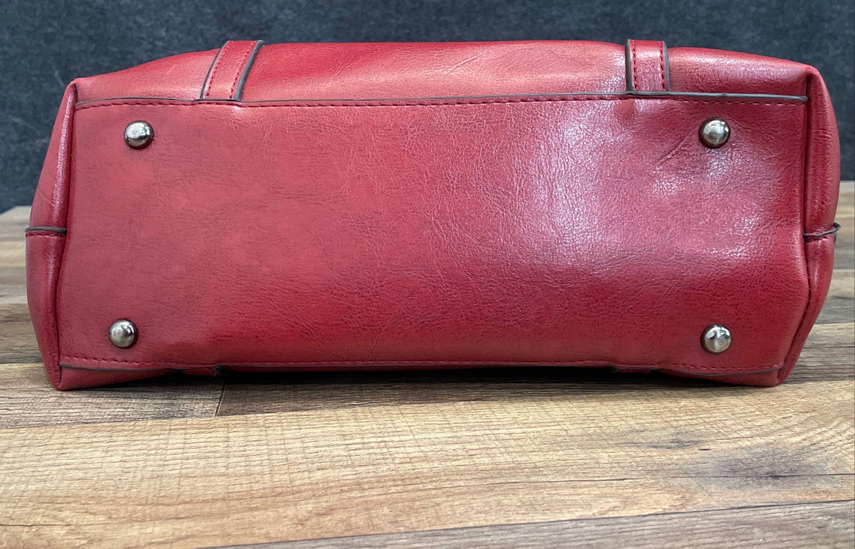 Red Leather Tote Bag Large Double Handle Removable Crossbody Strap