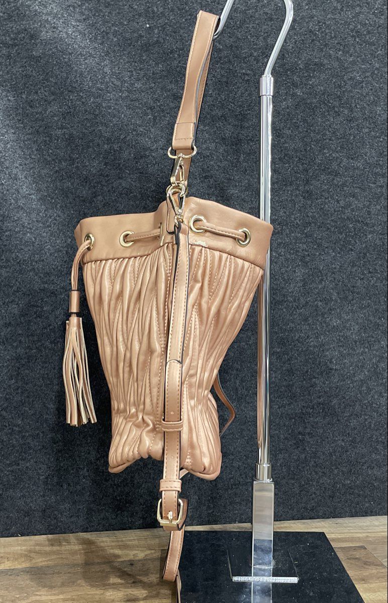 Pink Leather Quilted Tassel Bucket Bag Rose Gold Crossbody Handbag Large