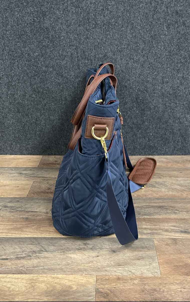Adrienne Vittadini Navy Quilted Nylon Tote Bag Crossbody Laptop Bag Gold