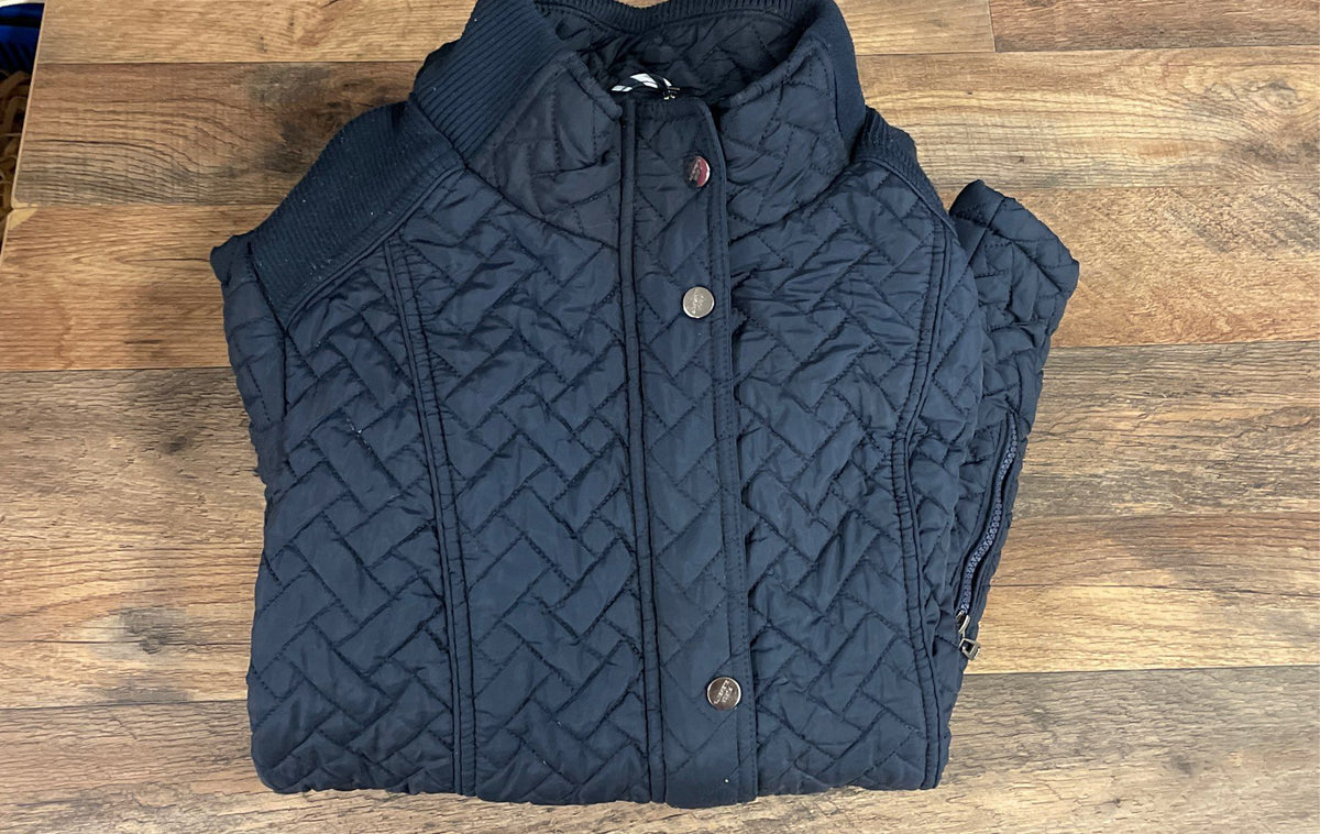 Cashew Flower Women's Navy Blue Herringbone Quilted Mock Neck Jacket Sz 44