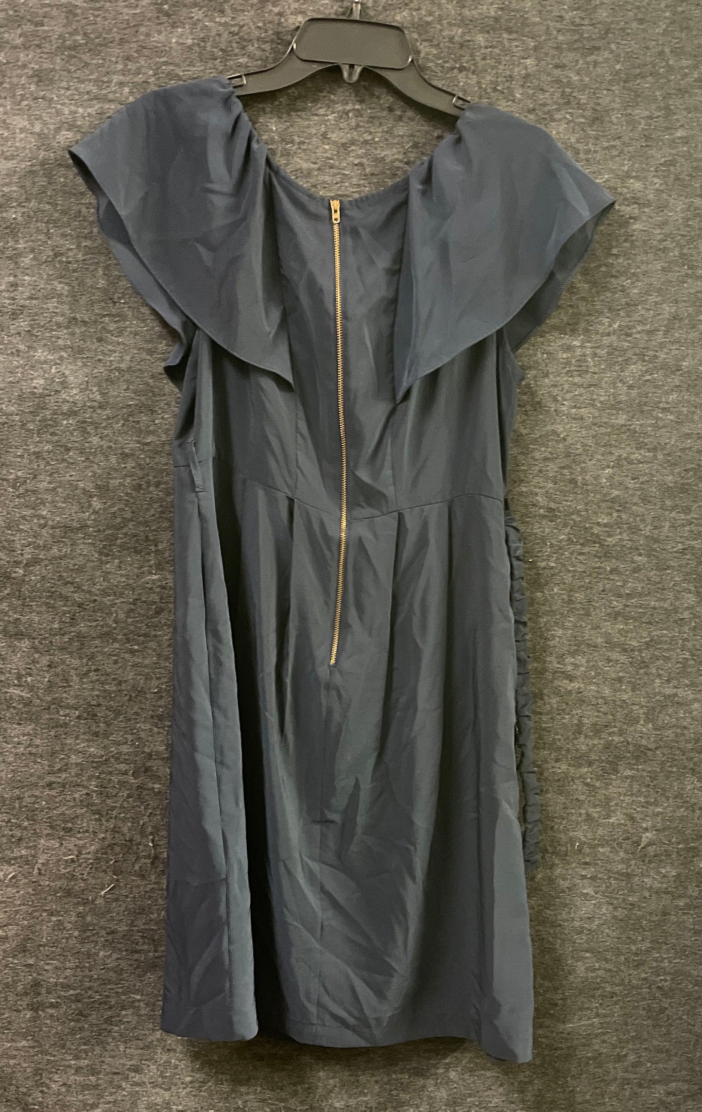 H&M Women's Dark Blue Off Shoulder Ruffle Dress Exposed Gold Zip Sz 14