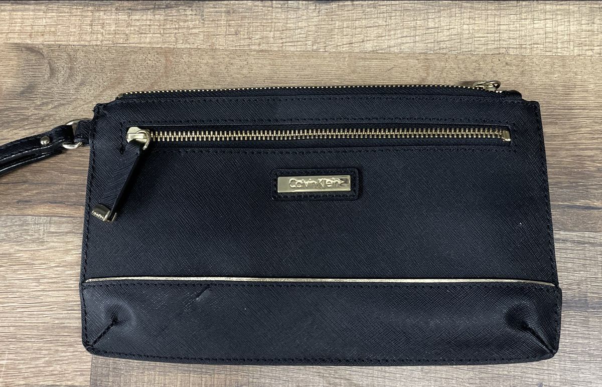 Calvin Klein Black Faux Leather Wristlet Coin Purse Gold Hardware