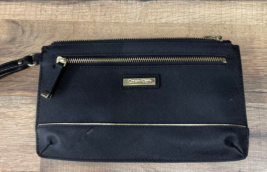 Calvin Klein Black Faux Leather Wristlet Coin Purse Gold Hardware