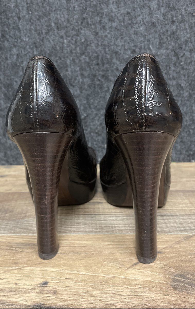 Stuart Weitzman Brown Croc Embossed Knotted Peep Toe Platform Heels Size 5