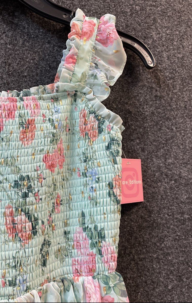 Rare Editions Girls Aqua Floral Smocked Hi-Lo Hem Gold Foil Dress Size 12 NWT