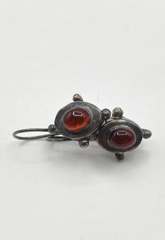 925 Sterling Silver Amber Cabochon Drop Hook Earrings 3.7g