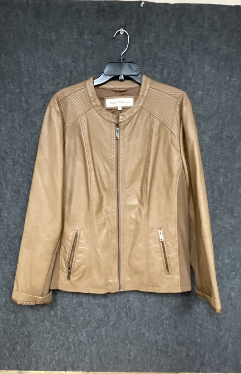 Sebby Collection Women's Tan Faux Leather Moto Jacket Quilted Ribbed Sz XXL