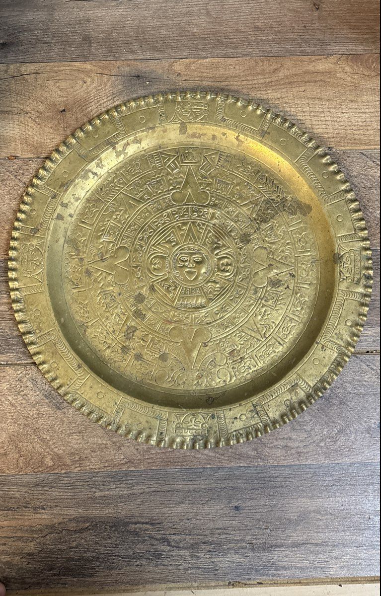 Vintage Brass Aztec Sun Stone Calendar Wall Hanging Platter Tray 14"