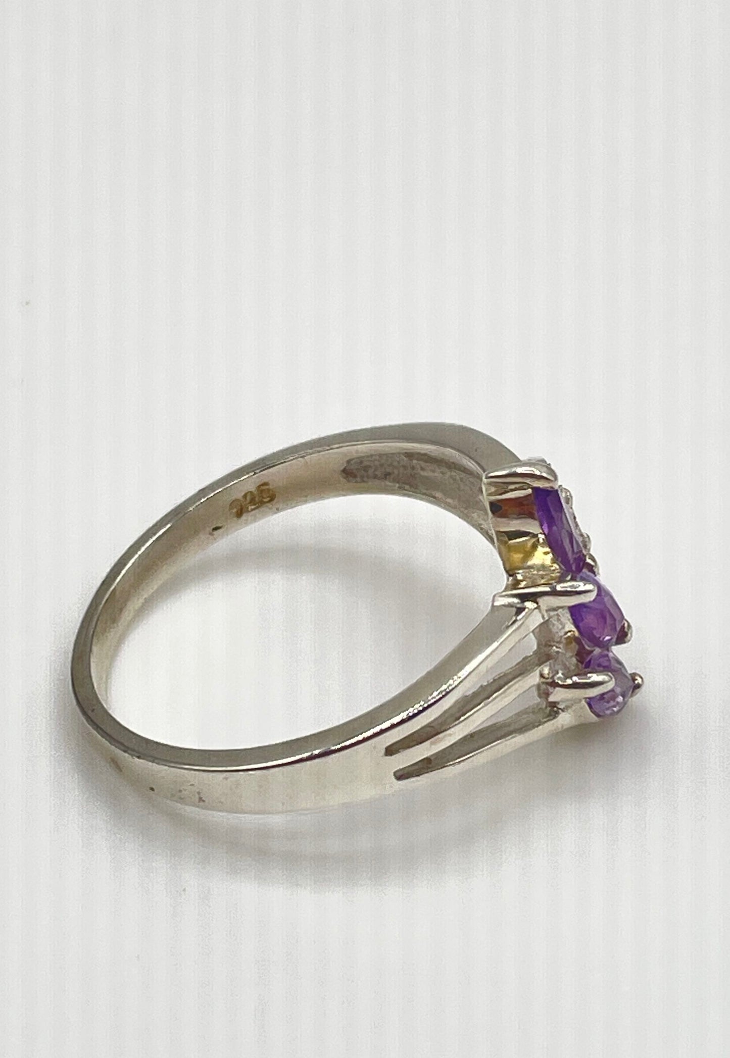 925 Sterling Silver Marquise Cut Amethysts Moissanite Accent Ring 3.1g