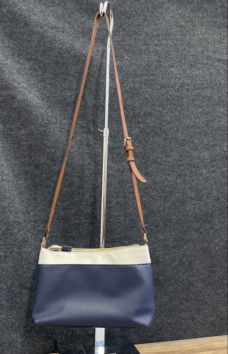 Anne Klein Navy Blue White Pebbled Leather Crossbody Shoulder Bag Gold Tone