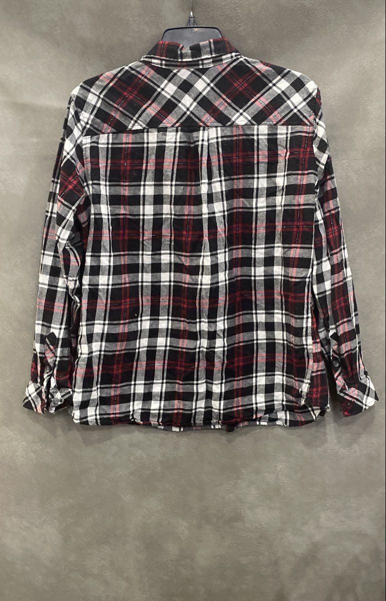 Croft & Barrow Women's Red Black Plaid Metallic Lurex Button Up Shirt Sz XL
