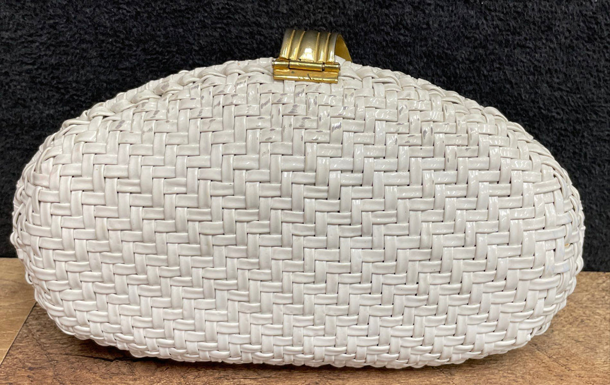 Vintage Ronora White Woven Clutch Bag Gold Shell Clasp Crossbody Hong Kong