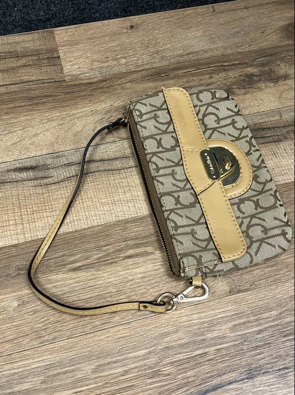 Calvin Klein Beige Brown Monogram Logo Small Shoulder Bag Wristlet Gold Hardware