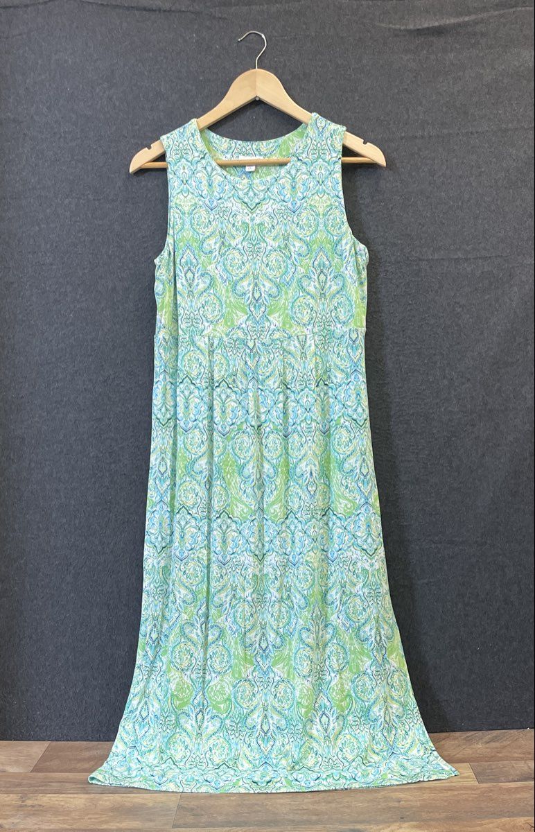 J. Jill Women's Paisley Sleeveless Maxi Dress Green Blue Rayon Spandex Sz S P