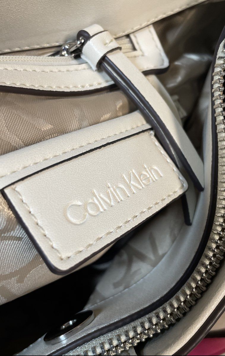 Calvin Klein White & Pink Monogram Canvas Satchel Shoulder Bag Purse