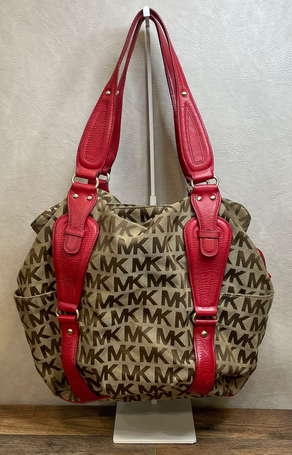 Michael Kors Brown Red Signature Monogram Canvas Hobo Shoulder Bag Gold Hardware