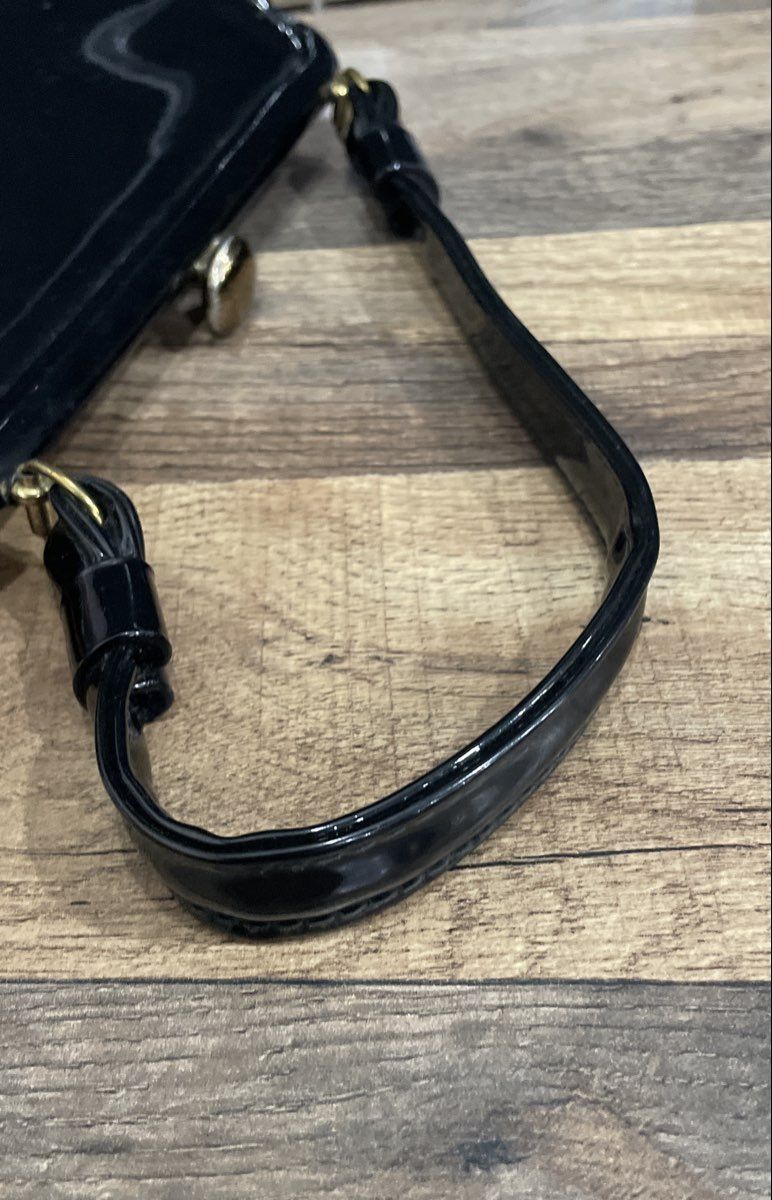 Vintage 1960s Black Patent Top Handle Frame Bag Gold Hardware