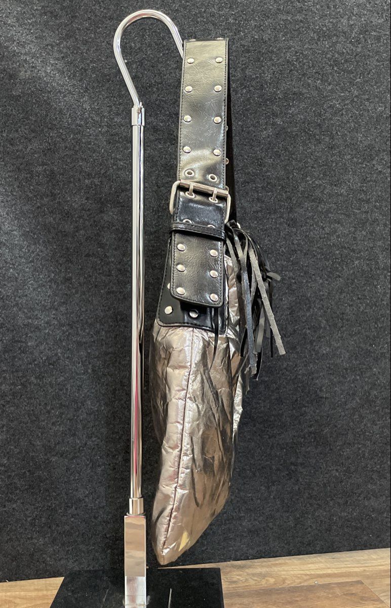 Chateau Silver Metallic Latex Hobo Shoulder Bag Studded Strap Tassel