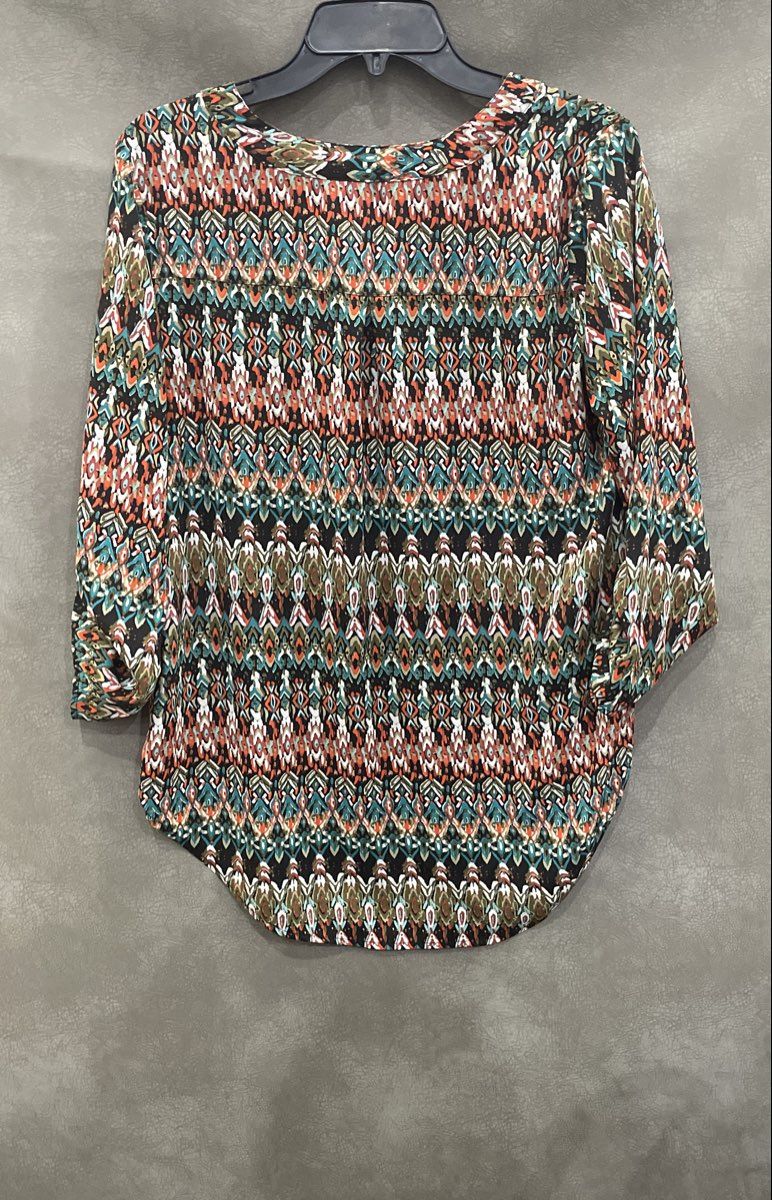 Cato Women's Abstract Pattern V-Neck Roll Tab 3/4 Sleeve Blouse Multicolor Sz S