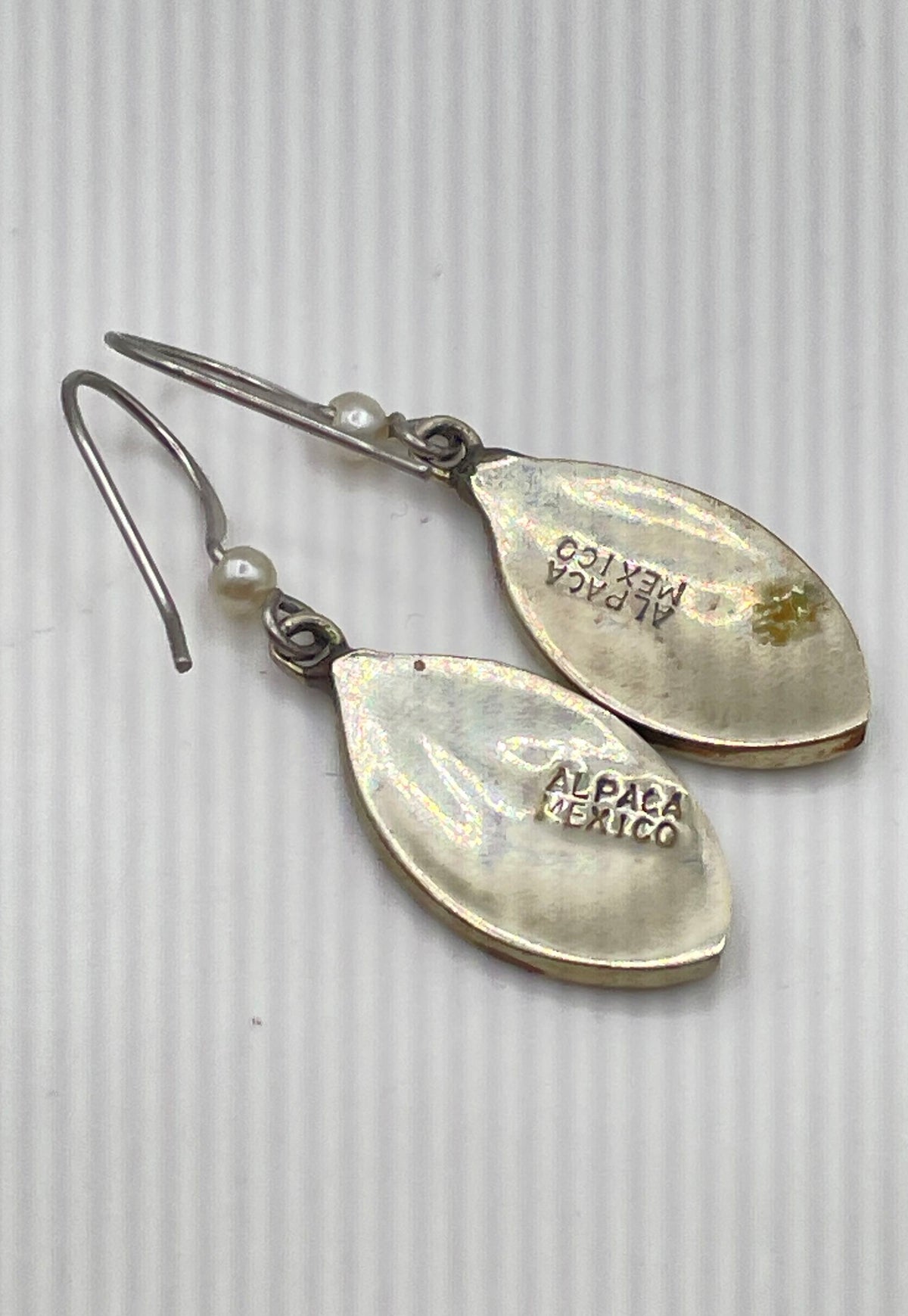 Alpaca Silver MOP Lapis Lazuli Inlay Pearl Accent Earrings Mexico Marked 2.8g