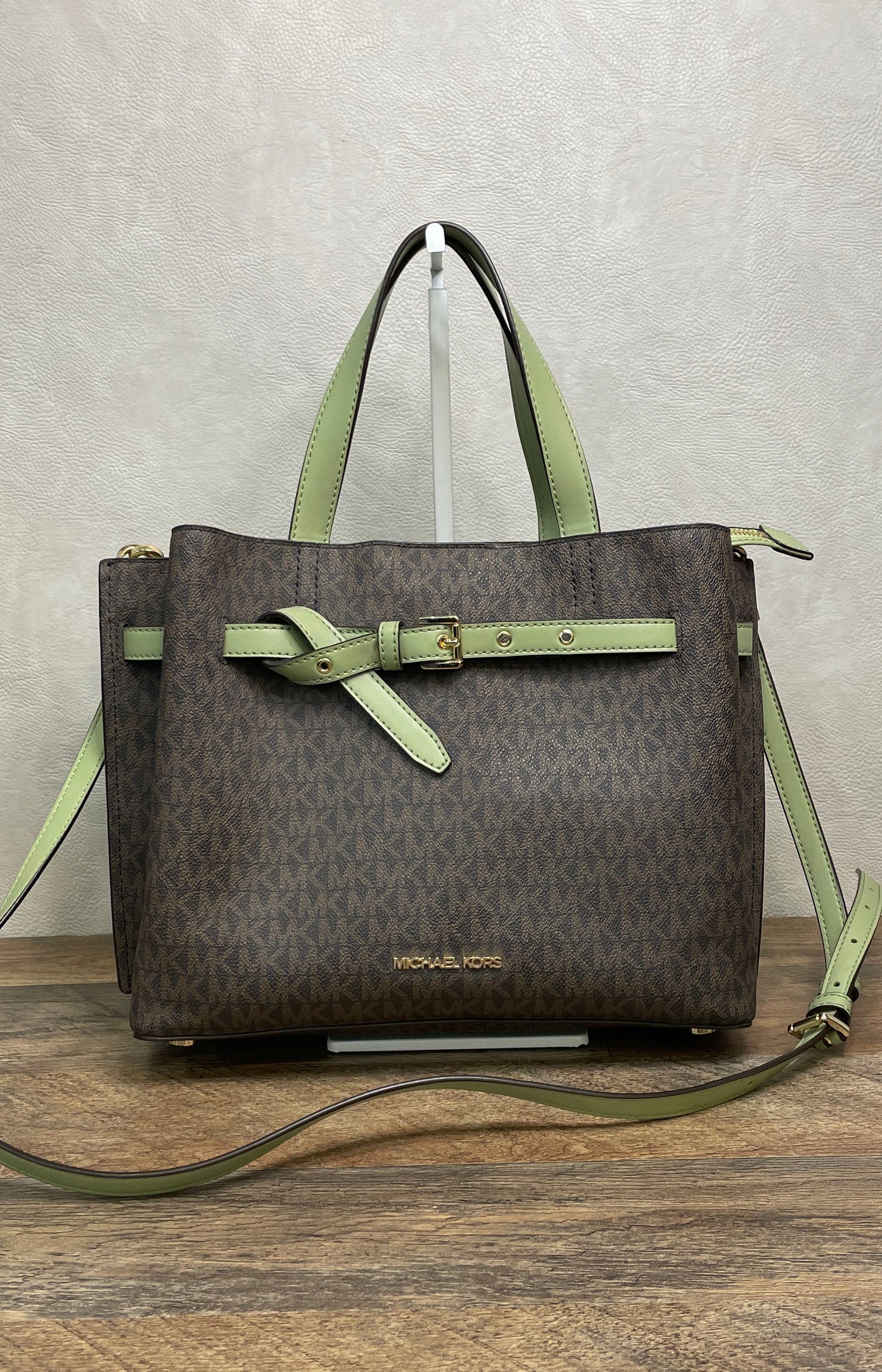 Michael Kors Brown Green Signature Canvas Emory Satchel Handbag Crossbody