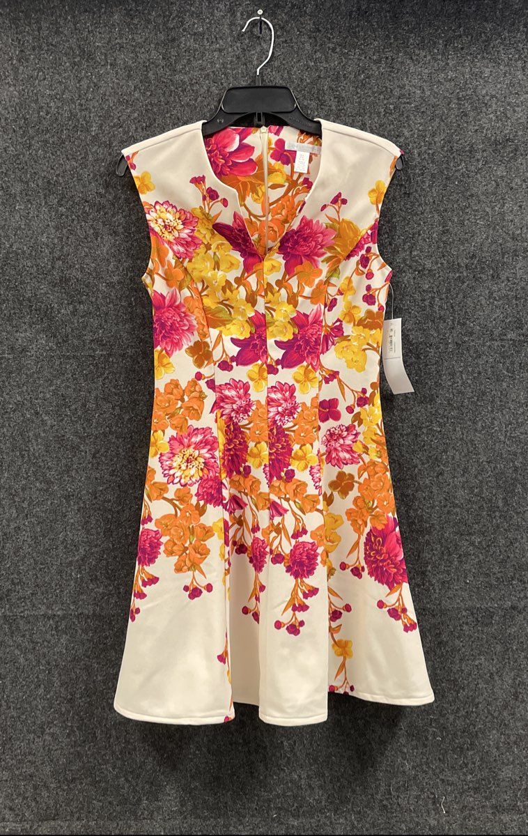 London Times Women's Horn Coral Floral Sleeveless V-Neck Flare Dress Size 4 NWT