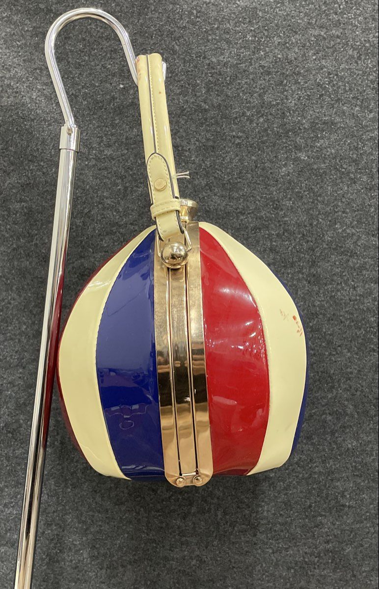 Red White Blue Striped Latex Ball Shaped Purse Sphere Bag Gold Tone Hardware